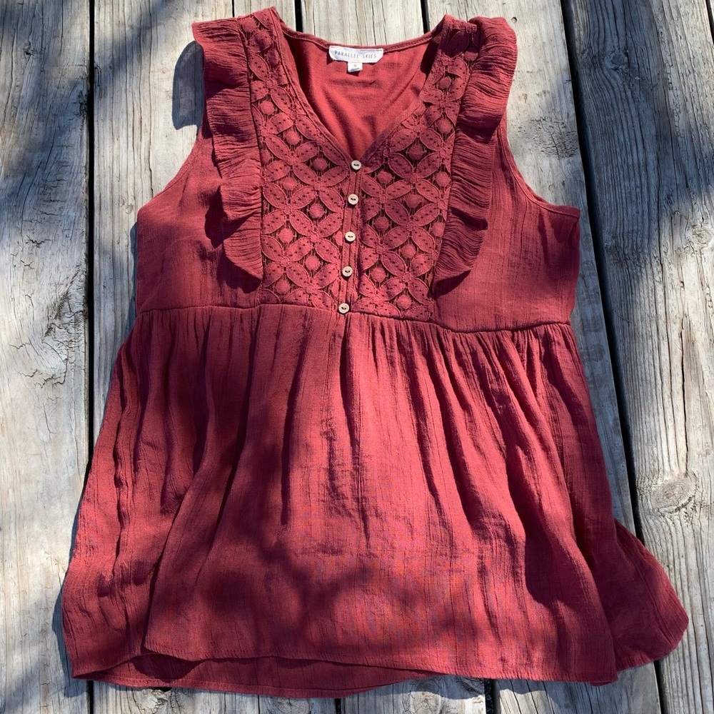Parallel Skies sleeveless ruffle and detailed lace Boho SZ Small